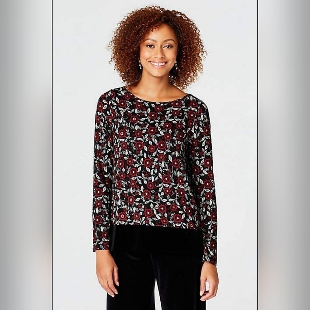 J. Jill Wearever Collection Red and Black Floral Blouse (M‎ Petite)